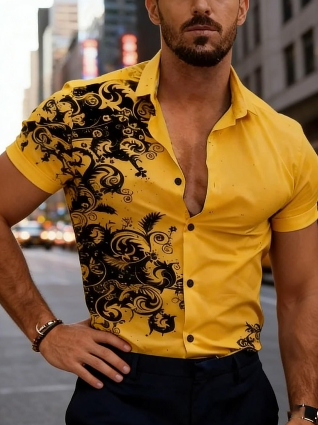 Men's Baroque Print Short Sleeve Shirt, Summer Slim Fit Casual Vacation Open Front, European and American Style Fashion Floral Blouse