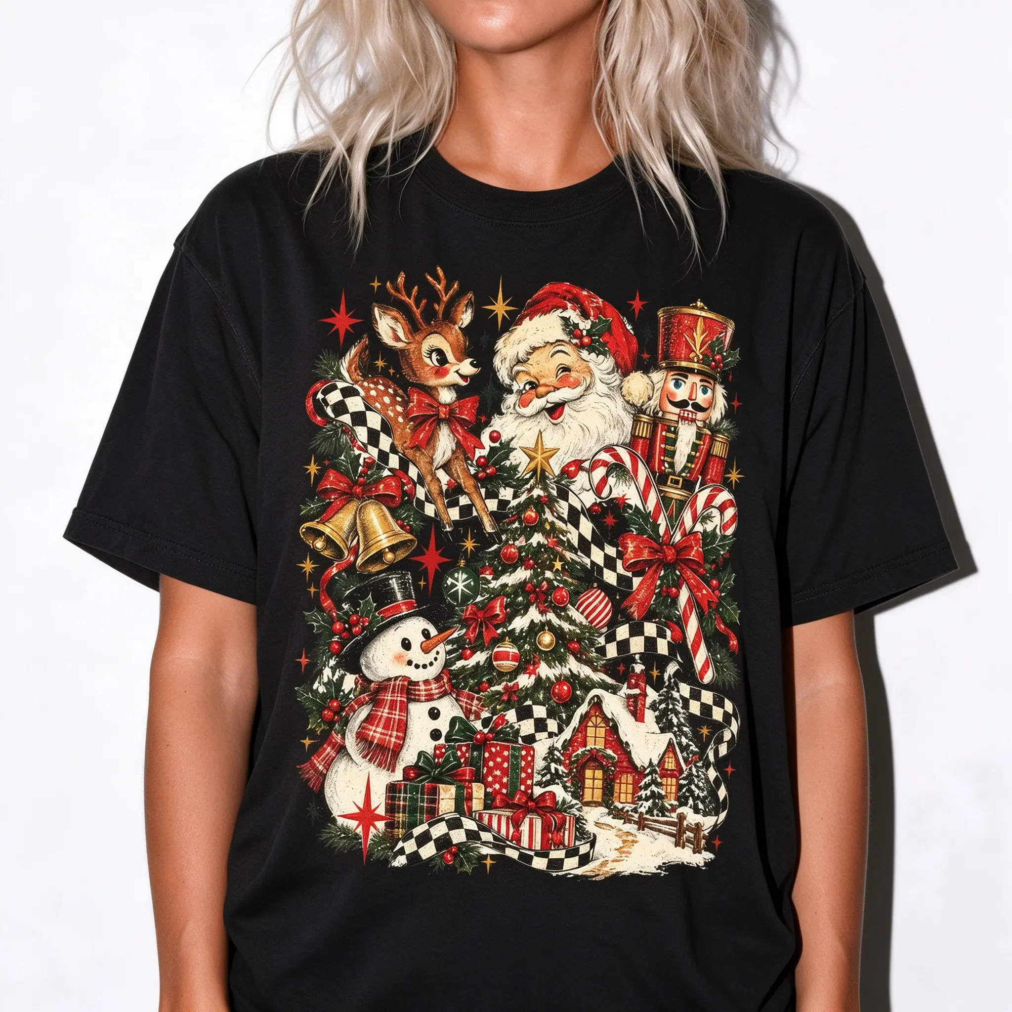 Vintage Christmas Graphic Tee with Santa Reindeer Nutcracker Snowman Distressed Checkered Design Holiday Apparel Perfect Xmas Gift for Men Women