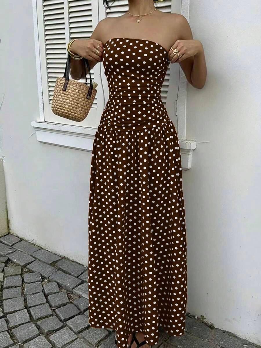 Women's Polka Dot Waist-Cropped Crop Top Dress, Vacation Style, Long Sun Dress, Casual Summer Midi Dress, Elegant Design