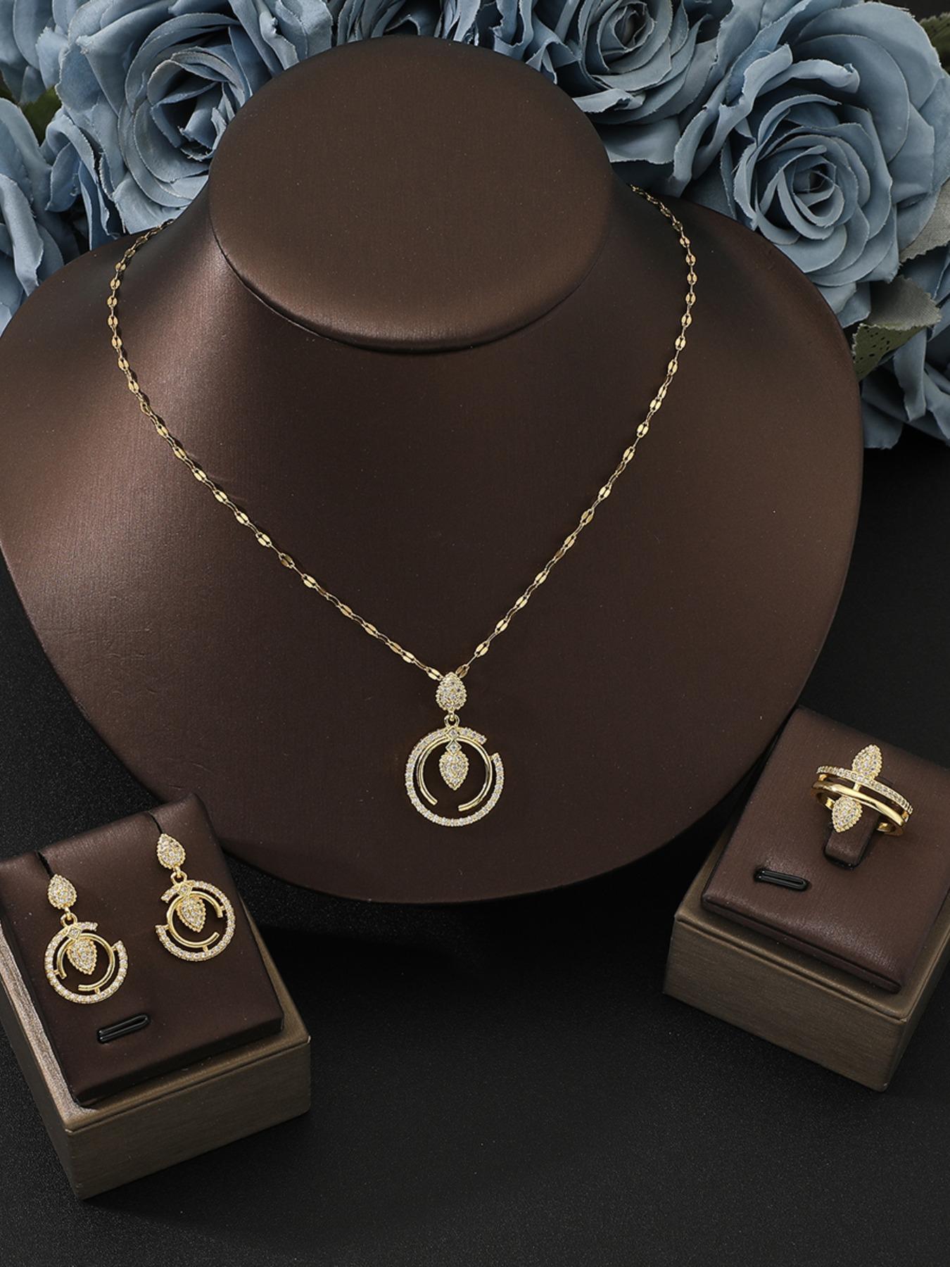 Women's Jewelry Set, 4-Piece Drop Pendant Necklace, Earrings, Ring, Letter C Zircon Pendant, Perfect for Weddings, Holiday Gifts