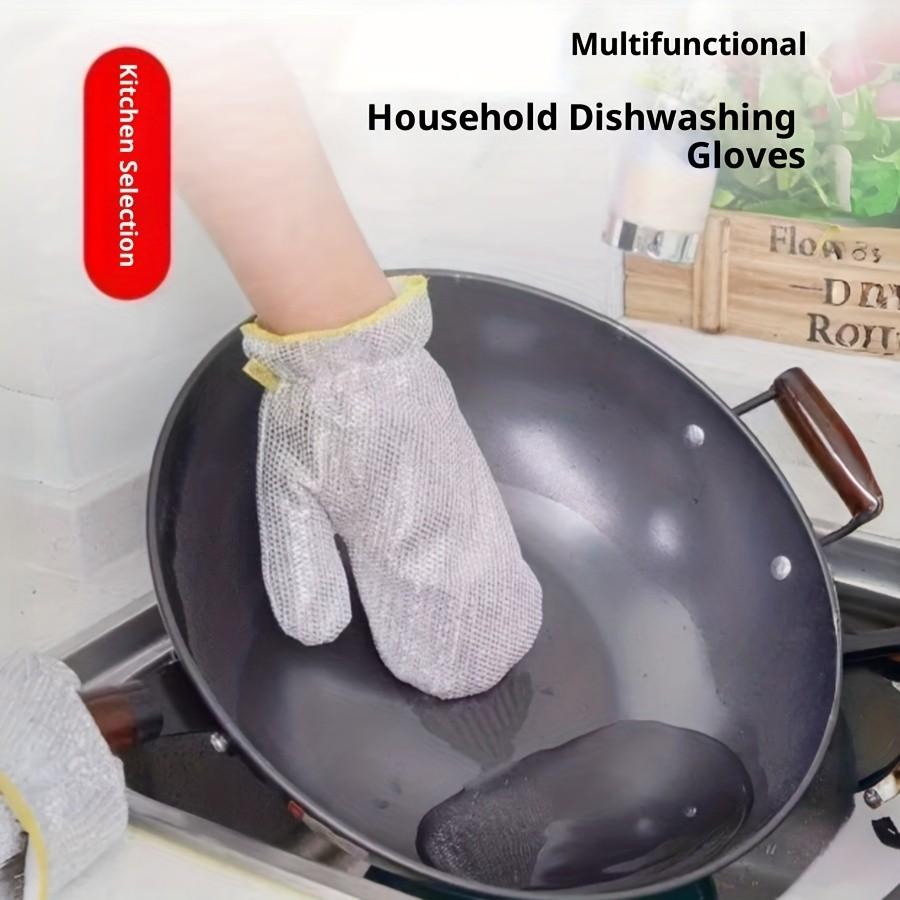Thick Silver Wire Dishwashing Gloves, Multi-Functional Heat Resistant, Waterproof Bowl Brush, Non-Stick Oil Kitchen Cleaning Gloves