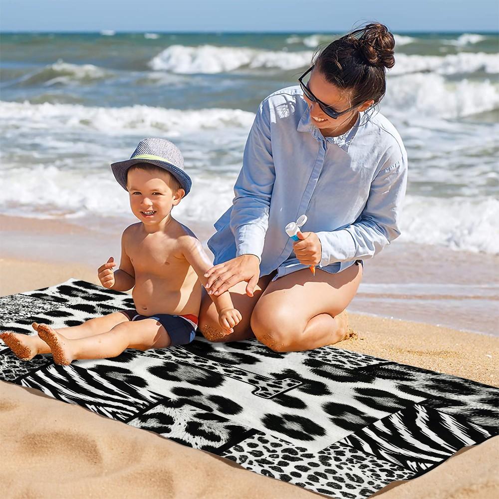 Leopard Print Letter Beach Towel, Black White Animal Patchwork Beach Blanket, Quick Dry Sand Free Bath Towel for Swimming Pool Camping, Monogram Initial Decor for Kids Teens Adults