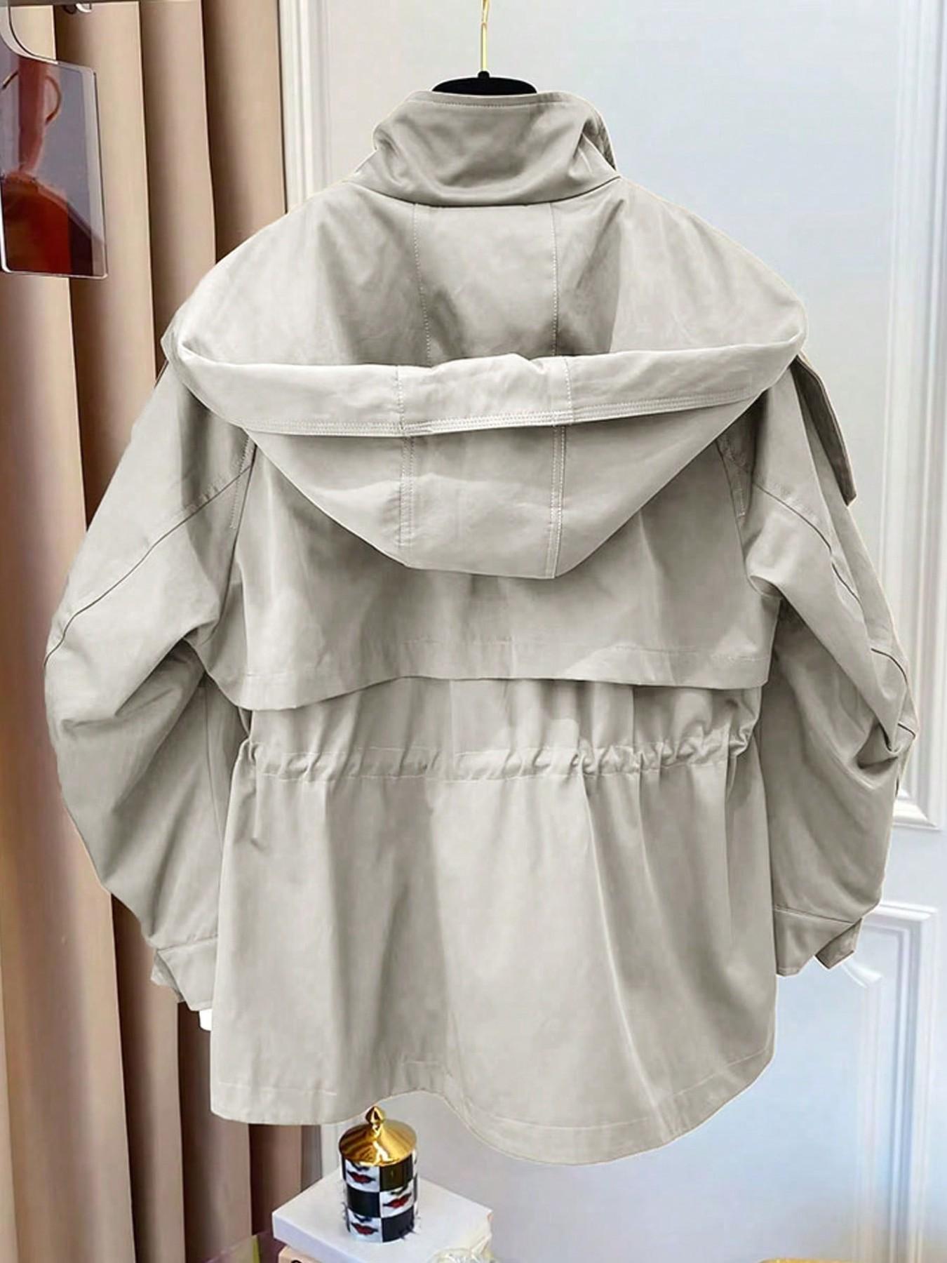 Women's Elegant Baggy Windbreaker Coat, Workwear Jacket, Drawstring Waist Design, Pockets Included, Essential for Fall and Winter