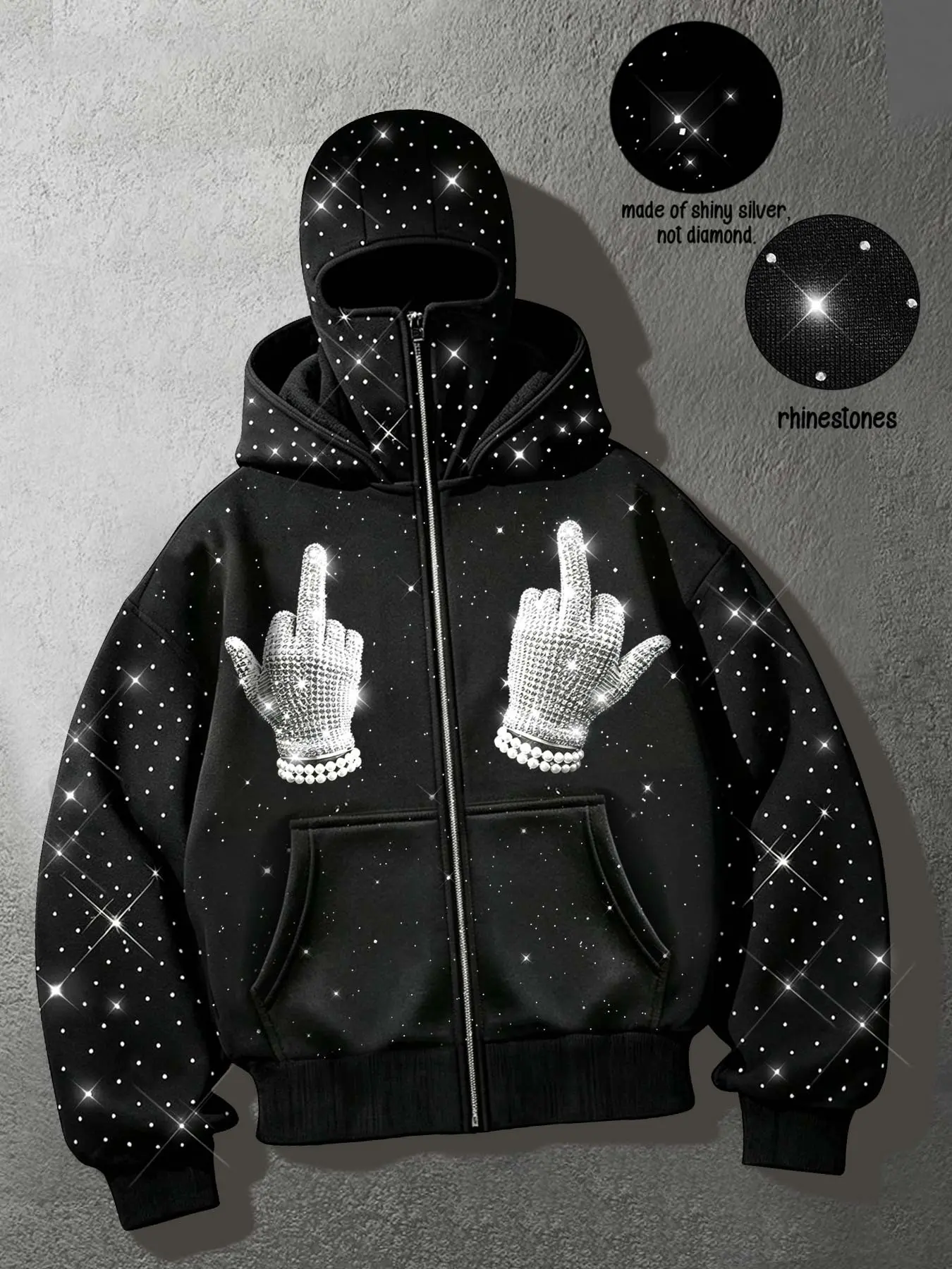 Y2K Rhinestone Balaclava Men's Zip-Up Hoodie, Unisex, Shiny Diamond Gloves Middle Finger Pattern Warm Fleece Jacket, Double-Hood Hip-Hop Streetwear Black Sweatshirt