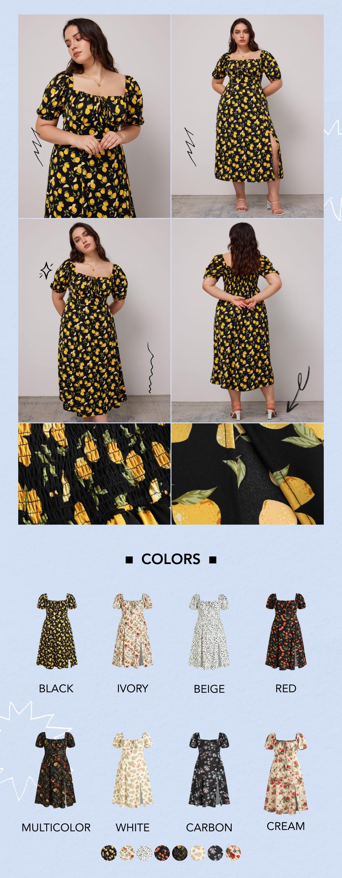 Cider [10 colors, Size 0-26] Cider Fruit A-Line Dress with Adjustable Bust & Detachable Puff Sleeves, Plus Size Lightweight Spring-Summer Dresses, Cute Shirred Midi with Stretchy Back Panel