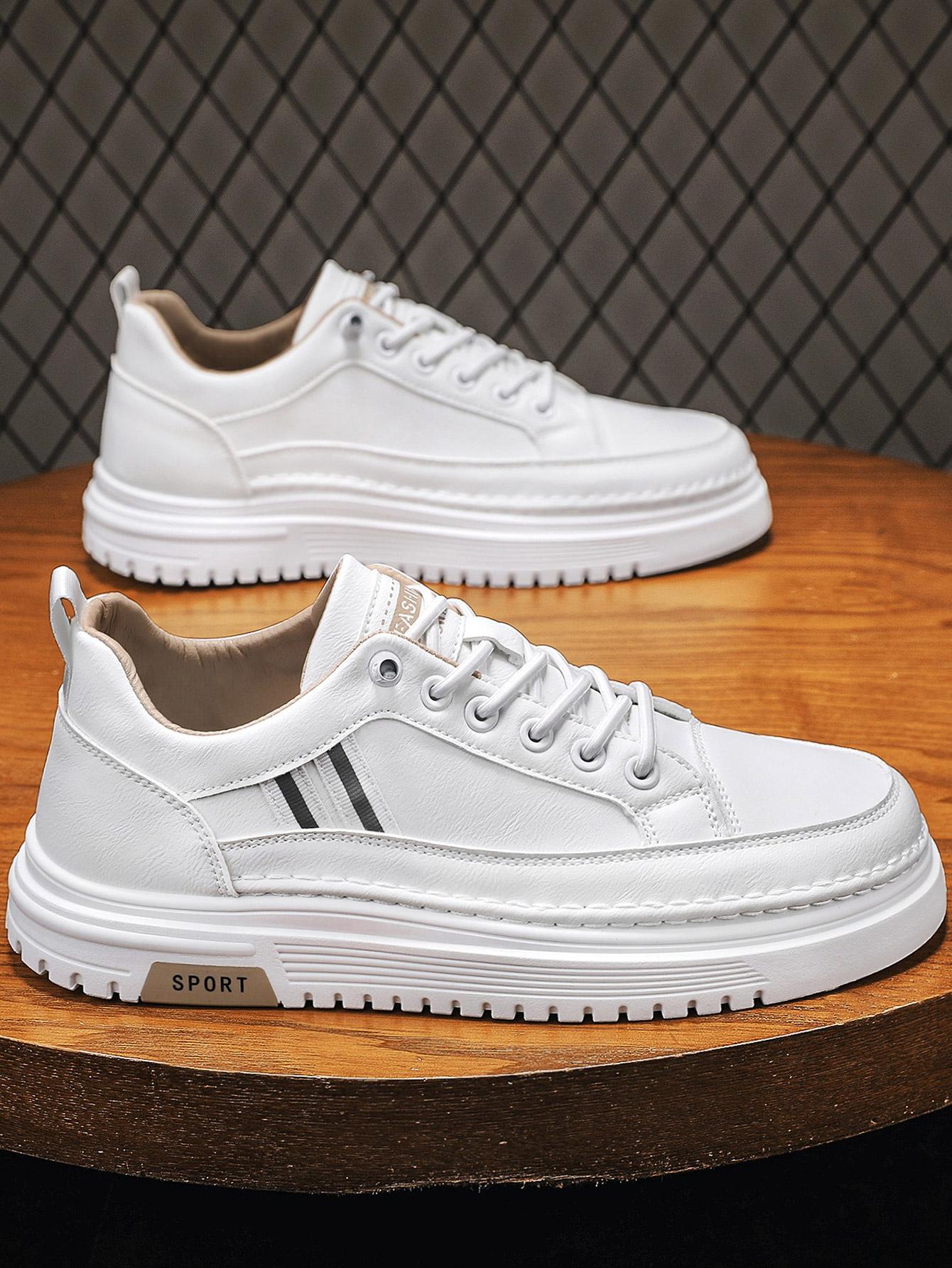 Men's Summer Thick Sole Sneakers, Simple Striped Casual Board Shoes, Soft Leather Breathable Lightweight, Height Boosting Slim Fit, Versatile Daily Wear