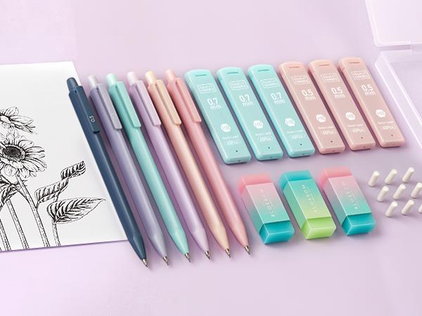 Four Candies Cute Mechanical Pencil Set, 6PCS Pastel Mechanical Pencils 0.5 & 0.7mm with 360PCS HB Leads, 3PCS Erasers and 9PCS Eraser Refills, Aesthetic School Supplies for Girls Writing Art Materials