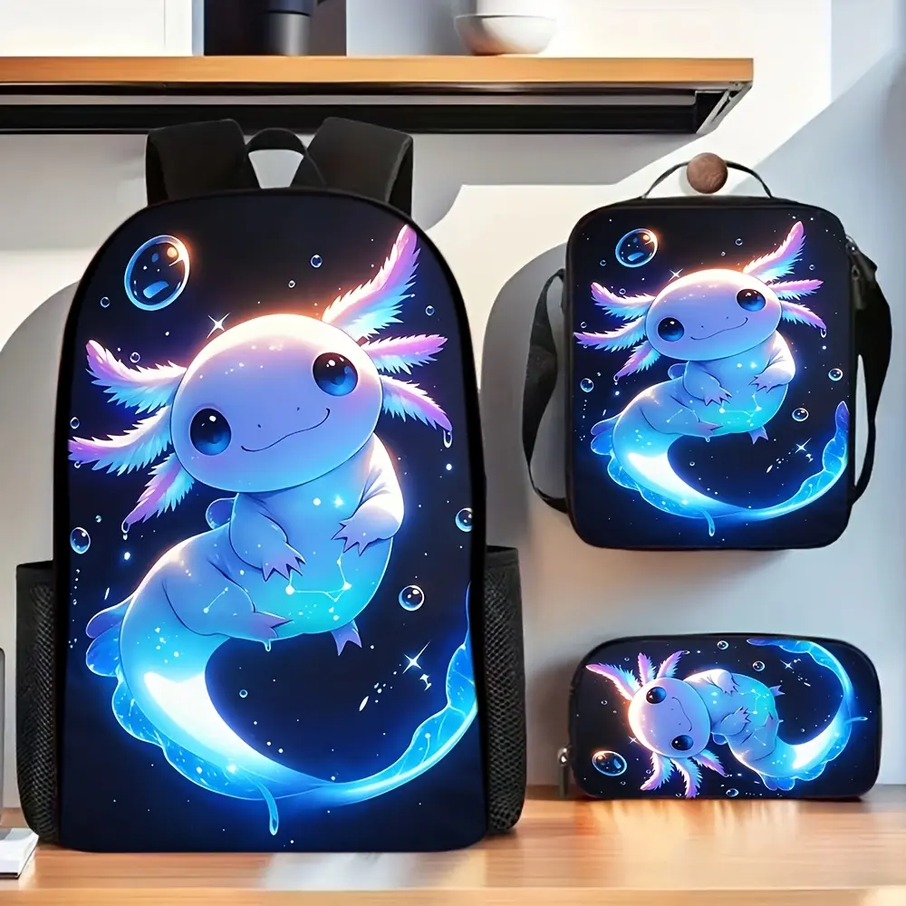 Glowing Axolotl Backpack with Lunch Bag & Pencil Case Suitable for School,, Daily Use - Lightweight Zipper Closure Bookbag, Adjustable Straps, Axolotl-Themed Lunchbox Carrier & School Supply