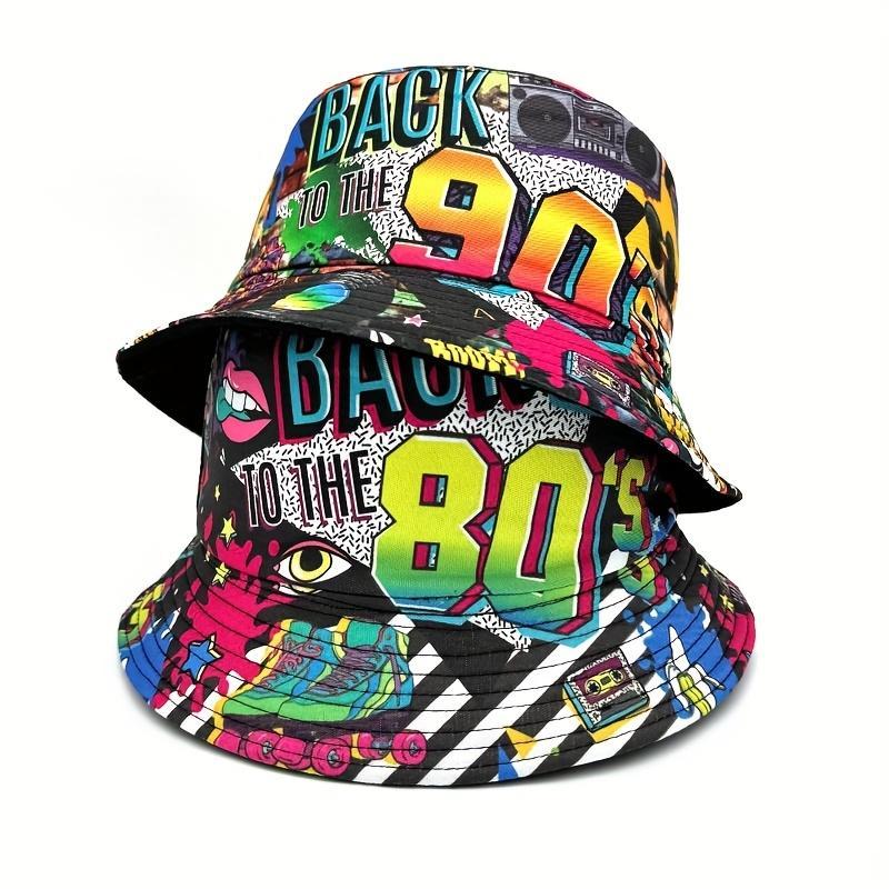 Vintage Unisex Floral Snapback Bucket Hat - 80s Design Polyester Beach Cap, Colorful Retro Multi Color Festival Inspired Printed Graphic Hat, Ideal for Beach Trips & Casual Outings, Snapback Hat, Colorful Retro Hats