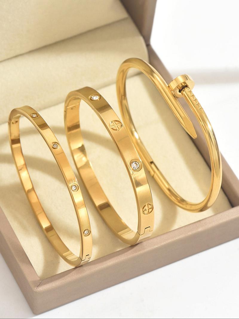 3 Pcs 18K Gold-Plated Stainless Steel High Quality Bracelet, Luxurious Cubic Zirconia Exquisite Trendy Bracelet, Suitable for Daily Wear and Women's Gatherings, Wedding Jewelry Gifts for Women and Girls