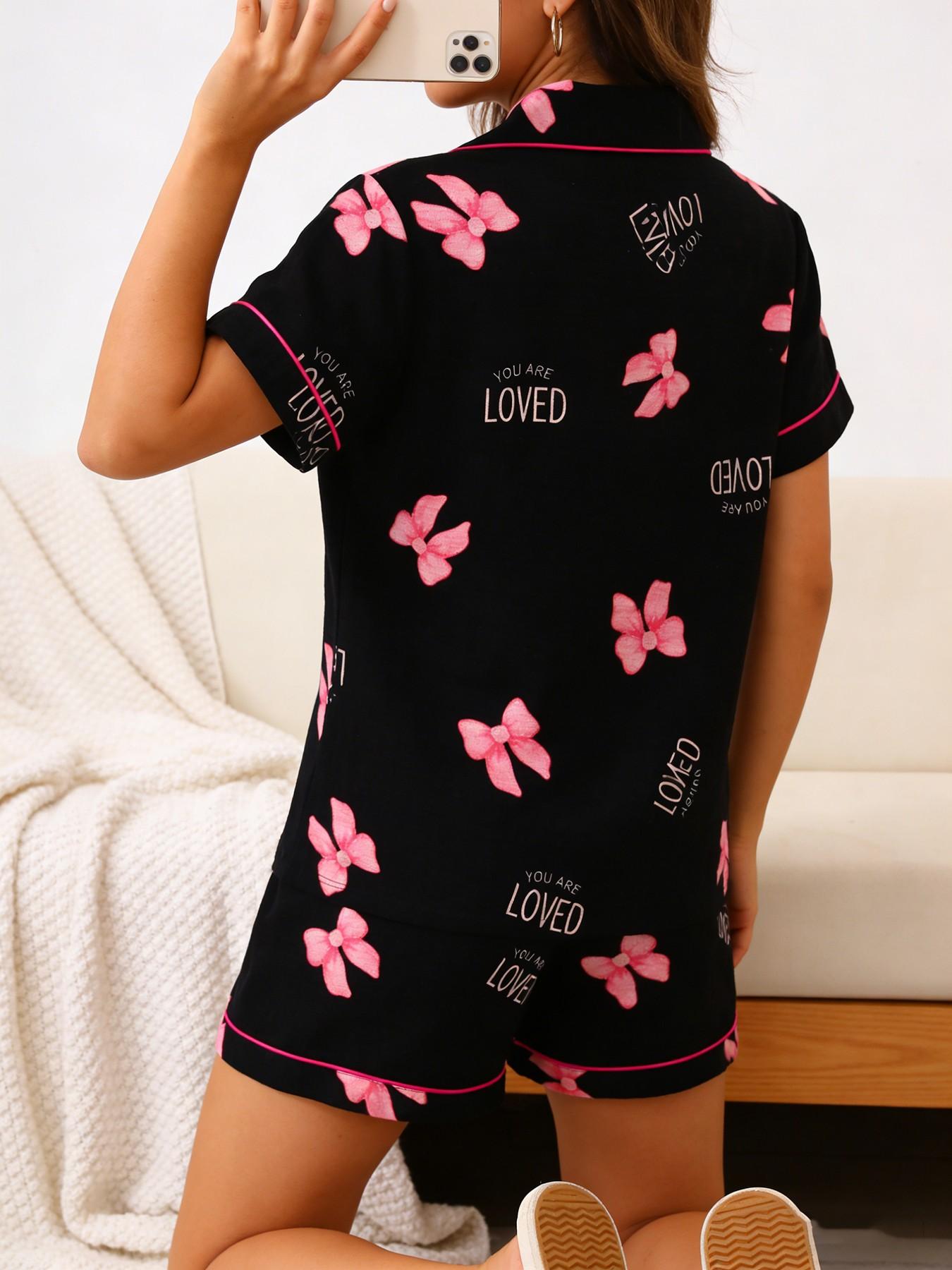 Women's Short Sleeve Button Down Top and Shorts Pajama Set, Spring Summer Wear, For Korean Aesthetic Bloggers, Black Base Pink Bow & LOVED Letter Print, Classic Lapel Collar, Loose H Fit, Comfortable For Home & Daily Wear