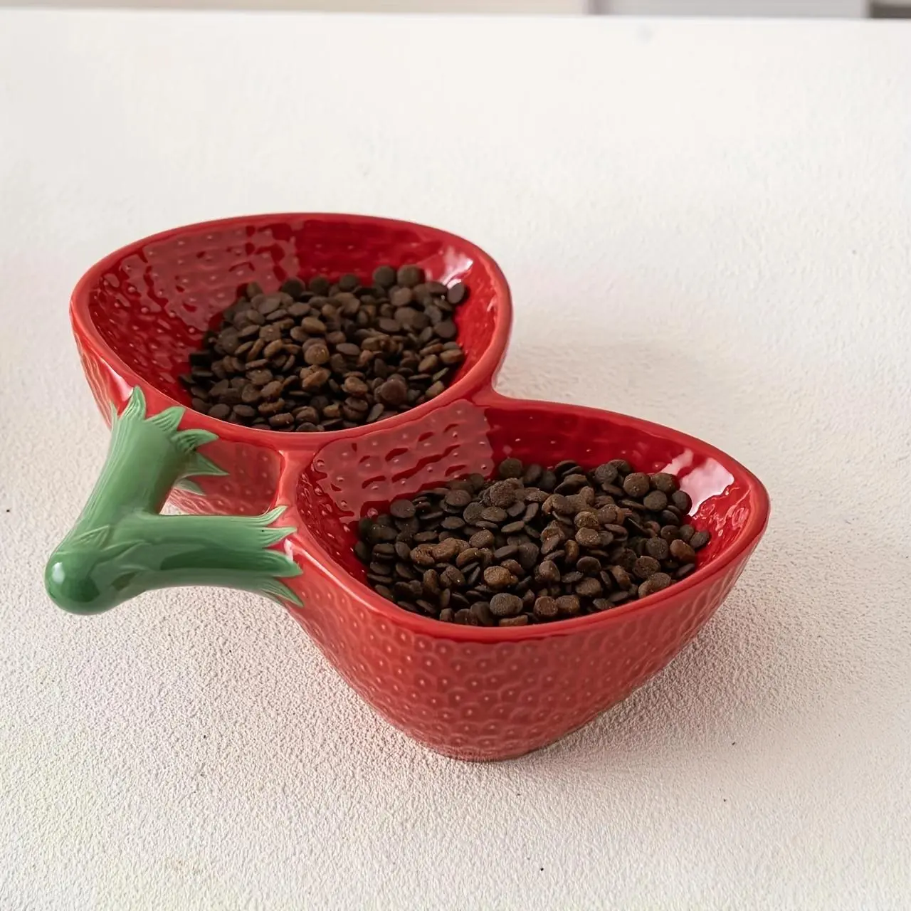 Elevated Ceramic Cat Double Bowls, Strawberry Design 2 In 1 Cat Food And Water Bowl For Cervical Protection, Cat Slanted Mouth Bowl