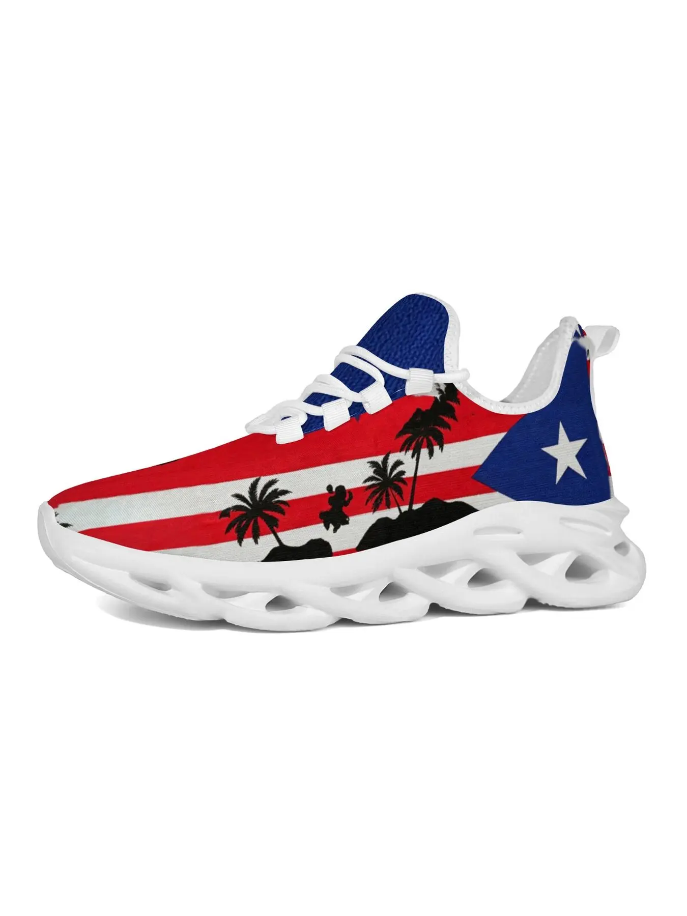Trendy Puerto Rico Culture Graphic Sneakers Men Women, White Hollow Wave Blade Sole Puerto Rican Flag Coqui Frog Palm Tree Printed Flyknit Shoes, Flexible Breathable Anti Slip Lace Up Casual Footwear for Travel Street Vacation