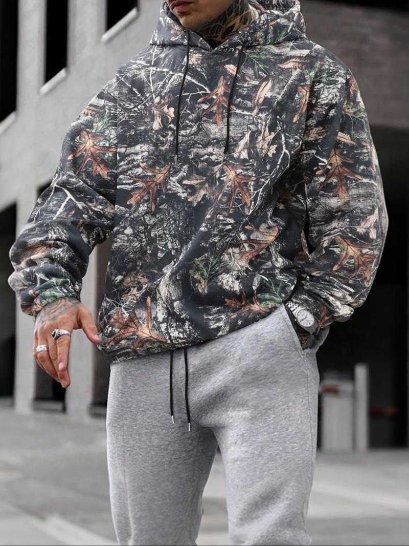 Men's Camo Print Hoodie, Regular Fit Casual Letter Print Long Sleeve Hooded Sweatshirt for Fall & Winter, Men's Top for Daily Wear