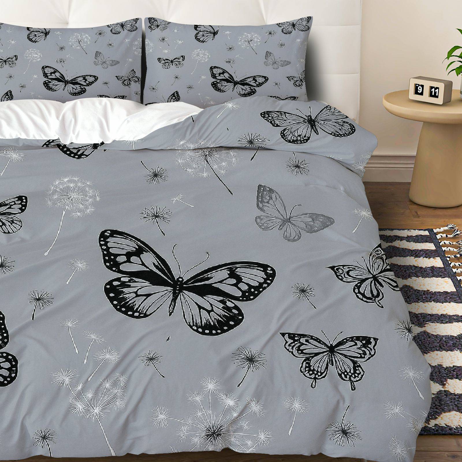 3PCS Duvet Cover Set, 1 Duvet+2 Pillowcases(Without filler), Butterfly Dandelion Nature Grey theme, Seasonal bedding set, Butterfly Print Suitable for decoration Bedroom Living Room Guest Room Hotel.