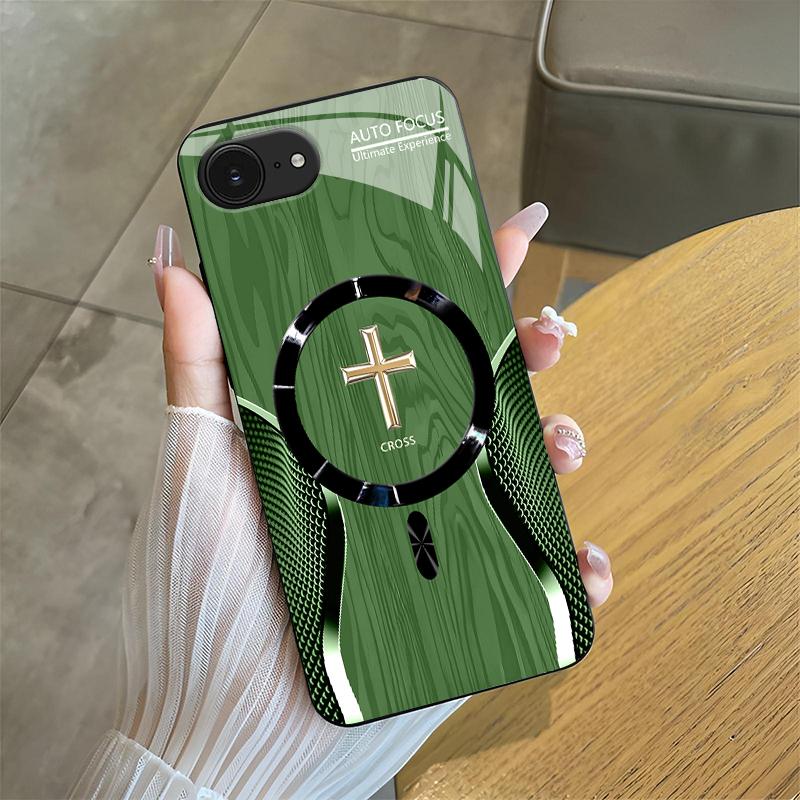 Luxury Wood Grain MagSafe phone case Carbon Fiber Texture Golden Cross Emblem for [iPhone 16e] 952