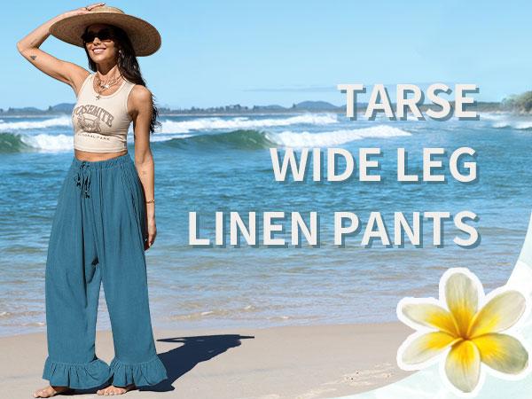 TARSE Women’s Linen Blend Casual Pants Flared Leg Wide Leg Drawstring Ruffle Harem Palazzo Pants with Pockets
