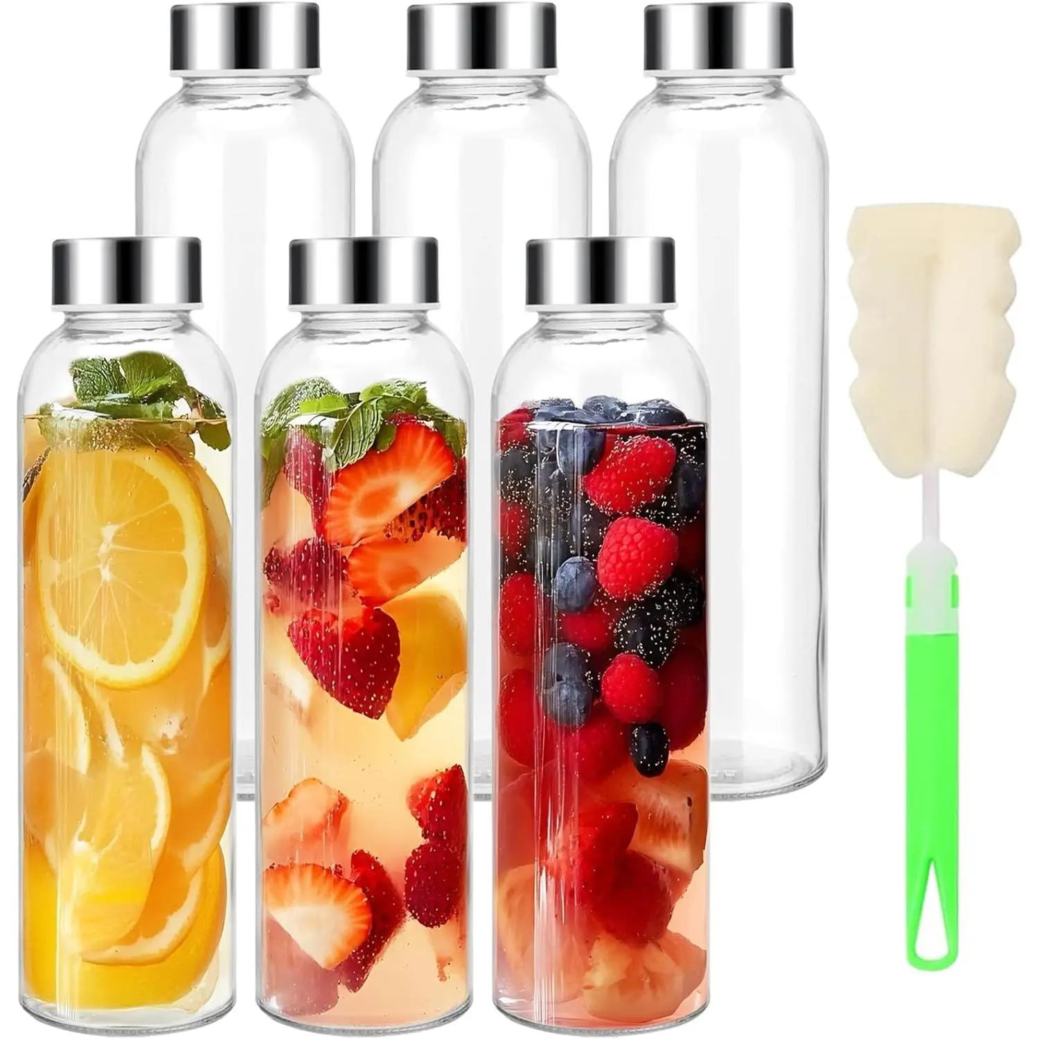 Glass Water Bottles 16 oz with ,  Clear Glass Juice Bottles Set of 6, Beverage Containers for Juicing Refrigerator with Stainless Steel Leak Proof Caps and Cleaning Brush