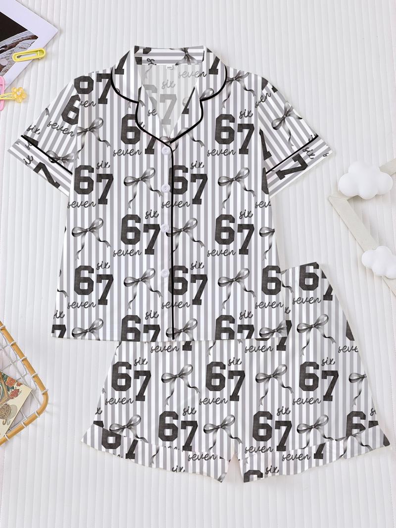 Striped Pajama Set, Fire-Retardant Button-Front Shirt & Elastic-Waist Shorts, Casual Cartoon Print Sleepwear