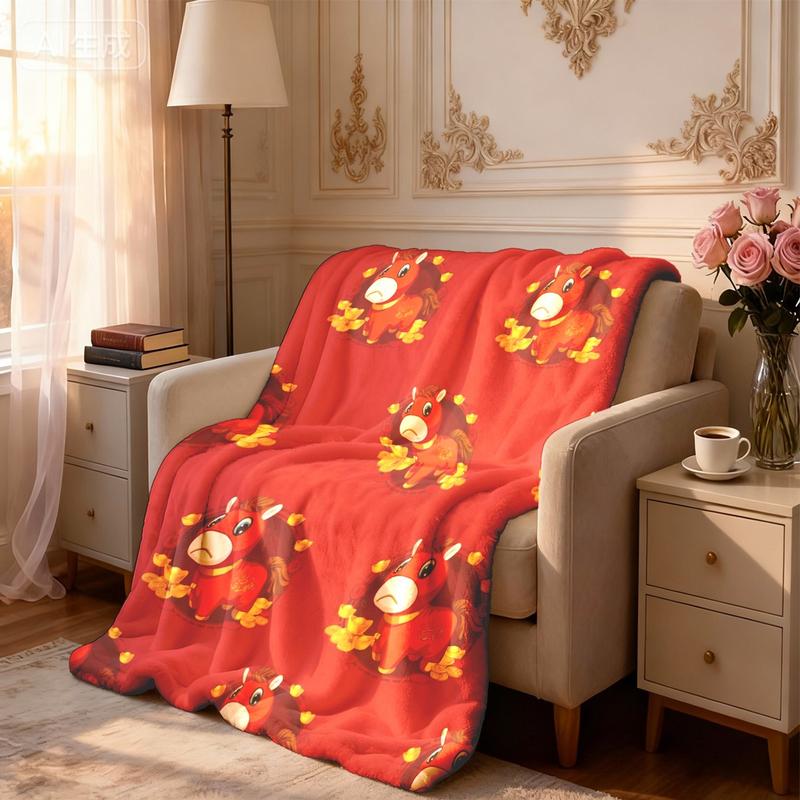 Cute Bitter Horse Theme Flannel Blanket, Large Size, Soft Lightweight Warm, Perfect for Bed Sofa Office Camping Travel Gift