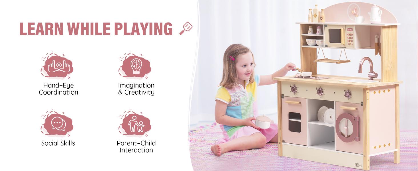 Robud Wooden Kitchen for Kids Play Kitchen Toy Kitchen Set with Realistic Features, Includes Plenty of Play Features, Ages 3+