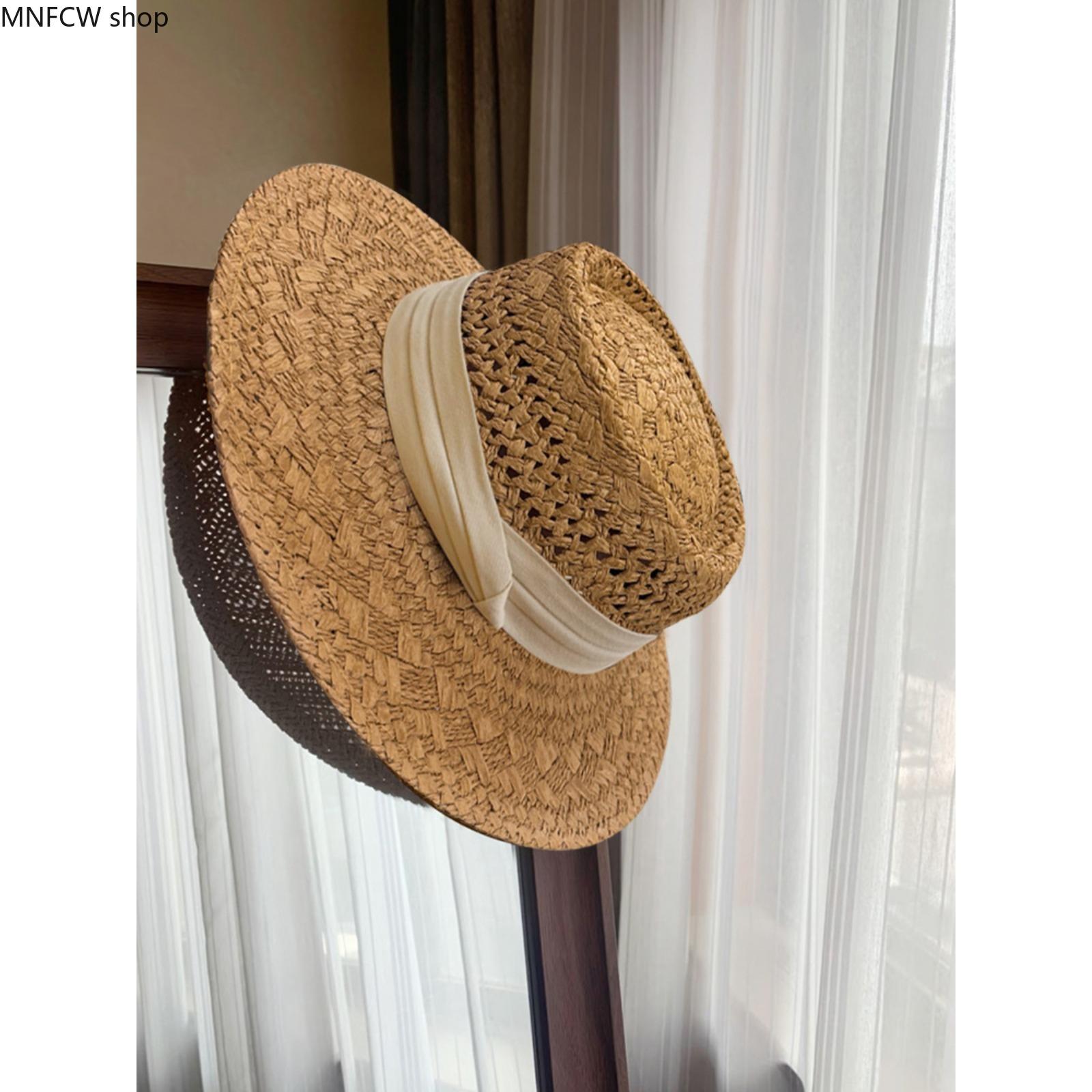 Women's Cotton Straw Hat - French-Style Flat-Top Wide-Brim Fedora, Casual Hat for Large Sizes, Beach Vacation Accessories for Women, Cotton Hat, Hats