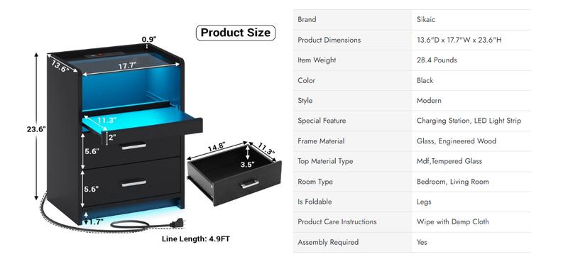 Sikaic LED Nightstand With Charging Station Drawers Furniture Bedroom Table Home Modern Design Bedside Makeup Dressing Desk
