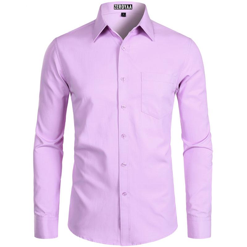 Zeroyaa Men's Long Sleeve Button Up Shirts Solid Slim Fit Casual Business Formal Dress Shirt with Pocket Menswear Korean summer outfits men funny shirts
