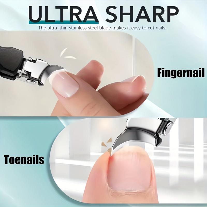 2-piece set of splash proof large opening nail clippers, designed with a slanted mouth specifically for toenails, paired with nail files for a cleaner and more worry free trimming of thick and embedded nails