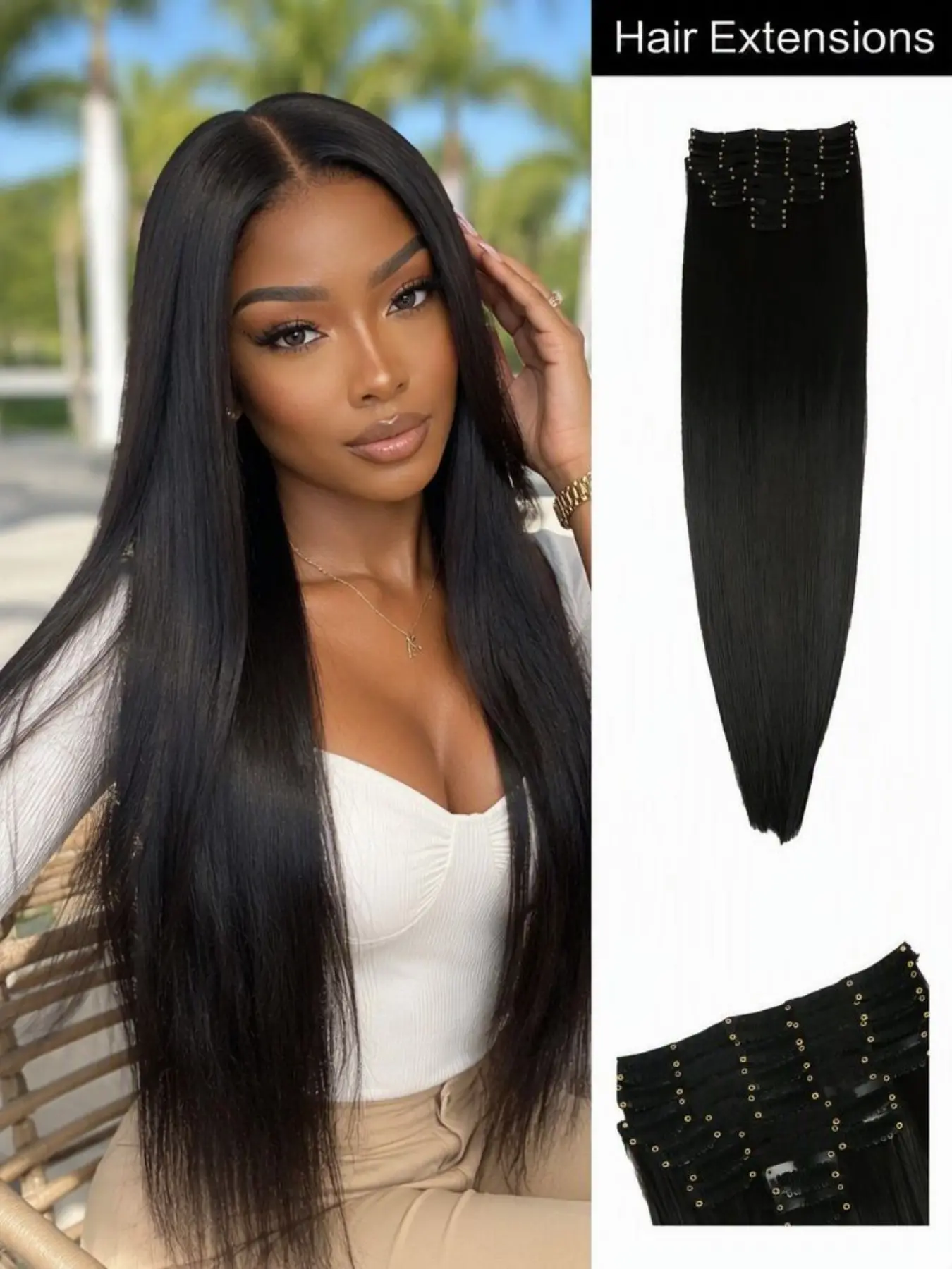 20-Inch Clip-In Hair Extensions (18 Pieces) – Black, Straight, Seamless Clip-Ins. Features smooth, frizz-free synthetic fibers that mimic natural hair; ideal for Western women looking to quickly add volume and create stylish looks.