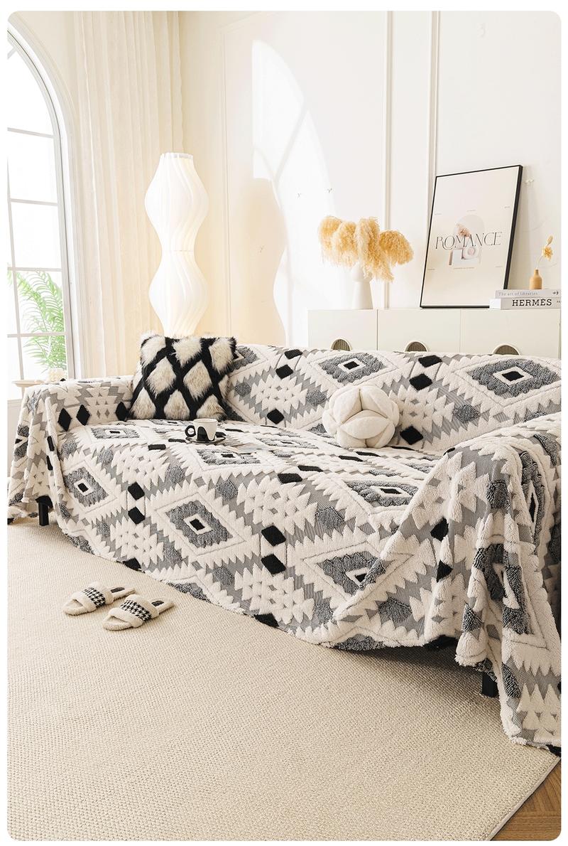 1 Piece Boho Plush Sofa Cover Blanket Couch Cover | Geometric Pattern | Multi-Color Multi-Size | Pet-Friendly Anti-Scratch Sofa Scarf | 4-Season Universal Sofa Throw | Stain-Resistant Washable Furniture Cover | Living Room Bedroom Dining Office |