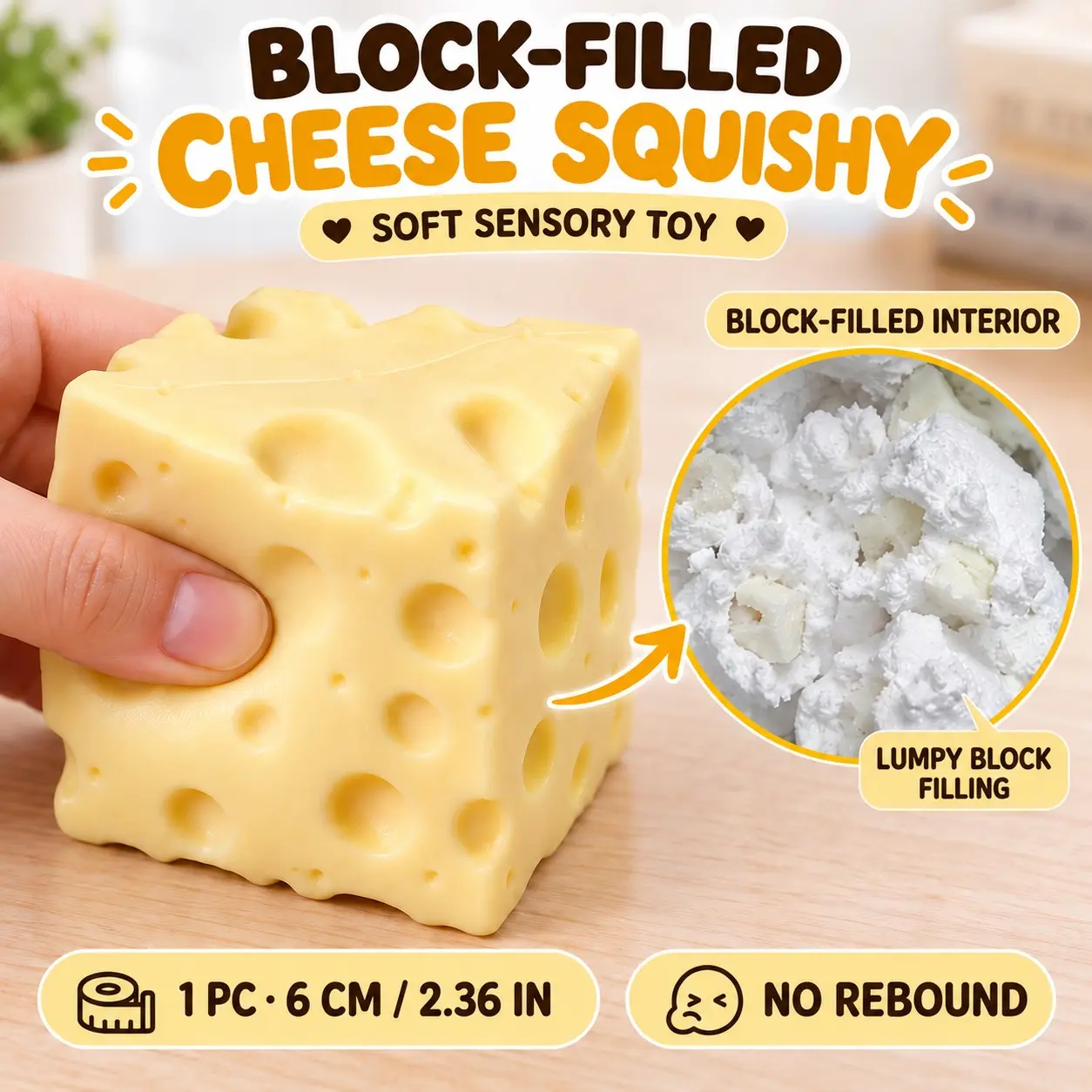 1 PC 6 CM/2.36 IN Pale Yellow Cheese Block Squeeze Toy, Decompression Squeeze, Block-Filled Interior, Non-Rebound Texture, ASMR Sensory Feedback, Crinkly Sound, Rustling Sound, Lumpy Block Filling, Satisfying Rubbing Noise, Tactile Fidget Toy, Desk Decor