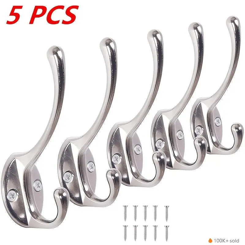 Silver Robust Metal Wall Hooks (5-Piece Set with Screws) - Household Organiser for Entryway Coat/Hat Hanging, Bathroom Towels; Ideal Gift for Home Supplies Storage Needs