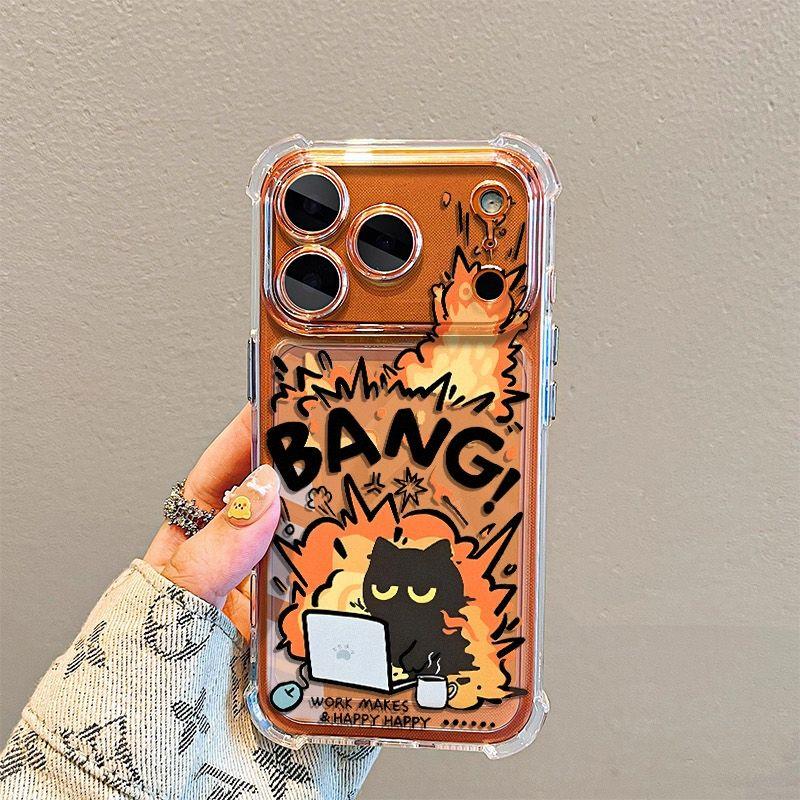 Cartoon Bang Explosion Cat Phone Case with Lens Film, Shockproof, Compatible with iPhone 17/17 Pro Max, Student Girls' Heart Style