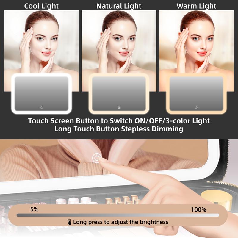 Viral Plus Size Travel Makeup Bag with Lighted Mirror  Waterproof Cosmetic Train Case with Three-color Light Adjustable Dividers Must-Have Organizer for Makeup Lovers Perfect Gift for Her