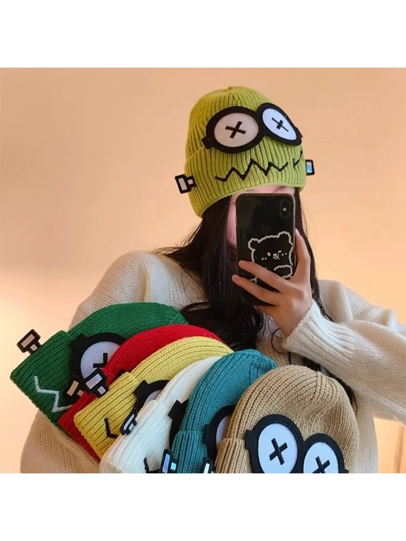 Cute Cartoon Knit Beanie Hat Women Winter Warm Funny Face Shaping Skullies Hats for Girls Autumn Fall Fashion Knit Caps