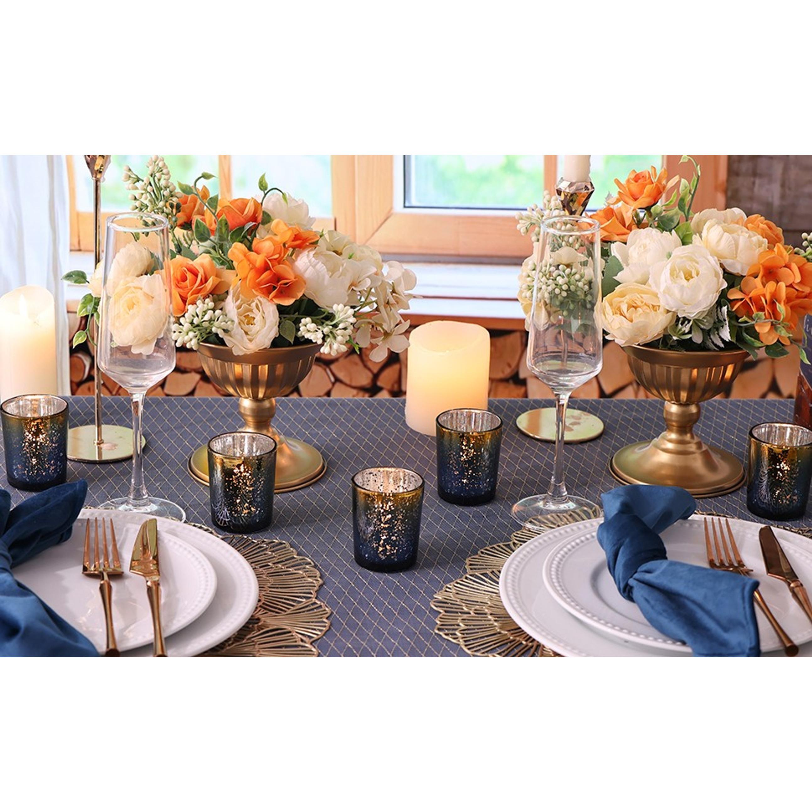 Navy and Gold Party Decorations 12pcs Glass Votive Candle Holders | Speckles Mercury Glass Tealight Candle Holders Bulk for Tabletop, Wedding Centerpiece, Navy Blue and Gold Decor