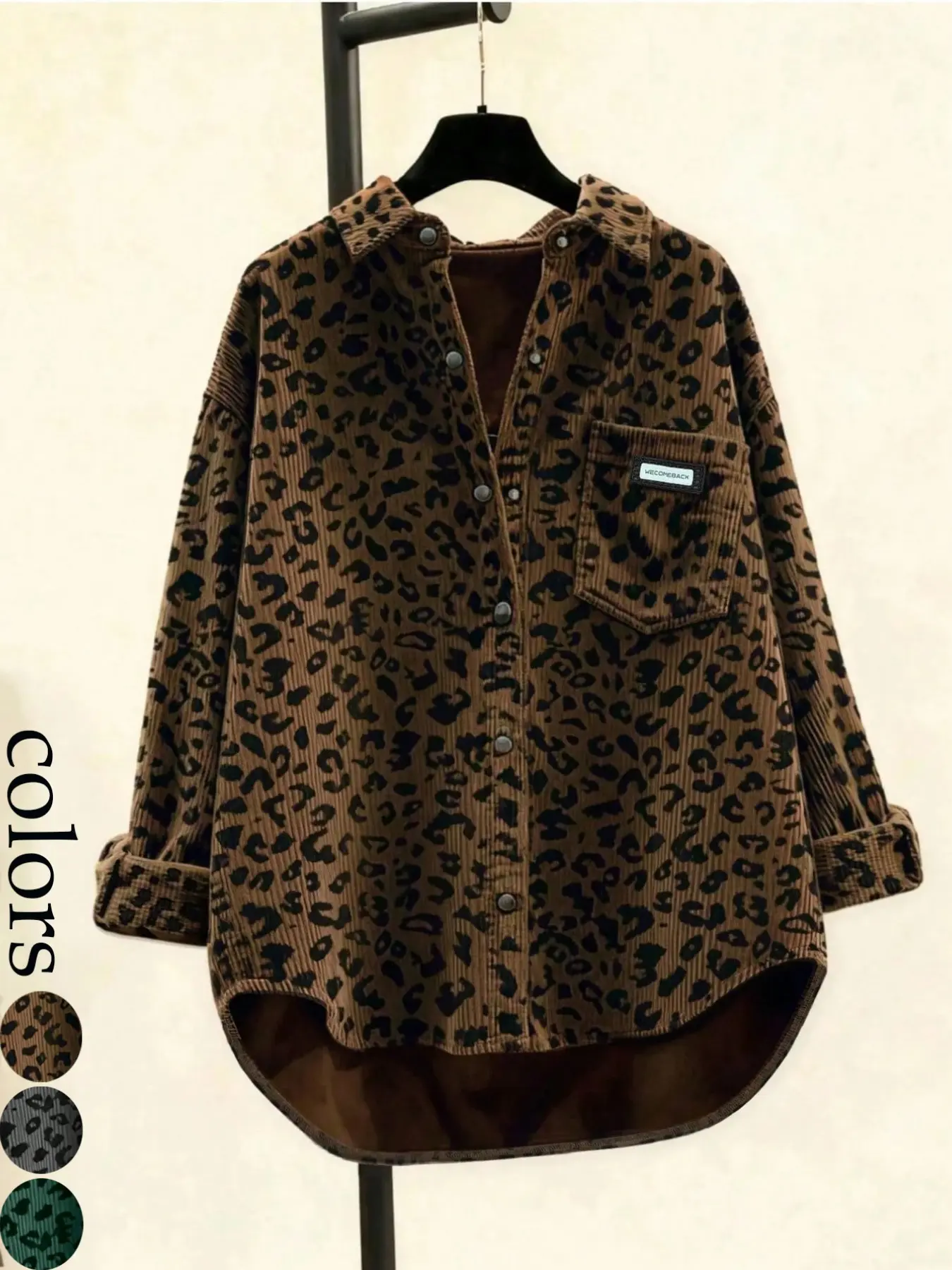New Women's Casual Fashion Street Style Leopard Print Corduroy Button Front Pocket Shirt Jacket, Chic Trendy Outerwear for Everyday Wear