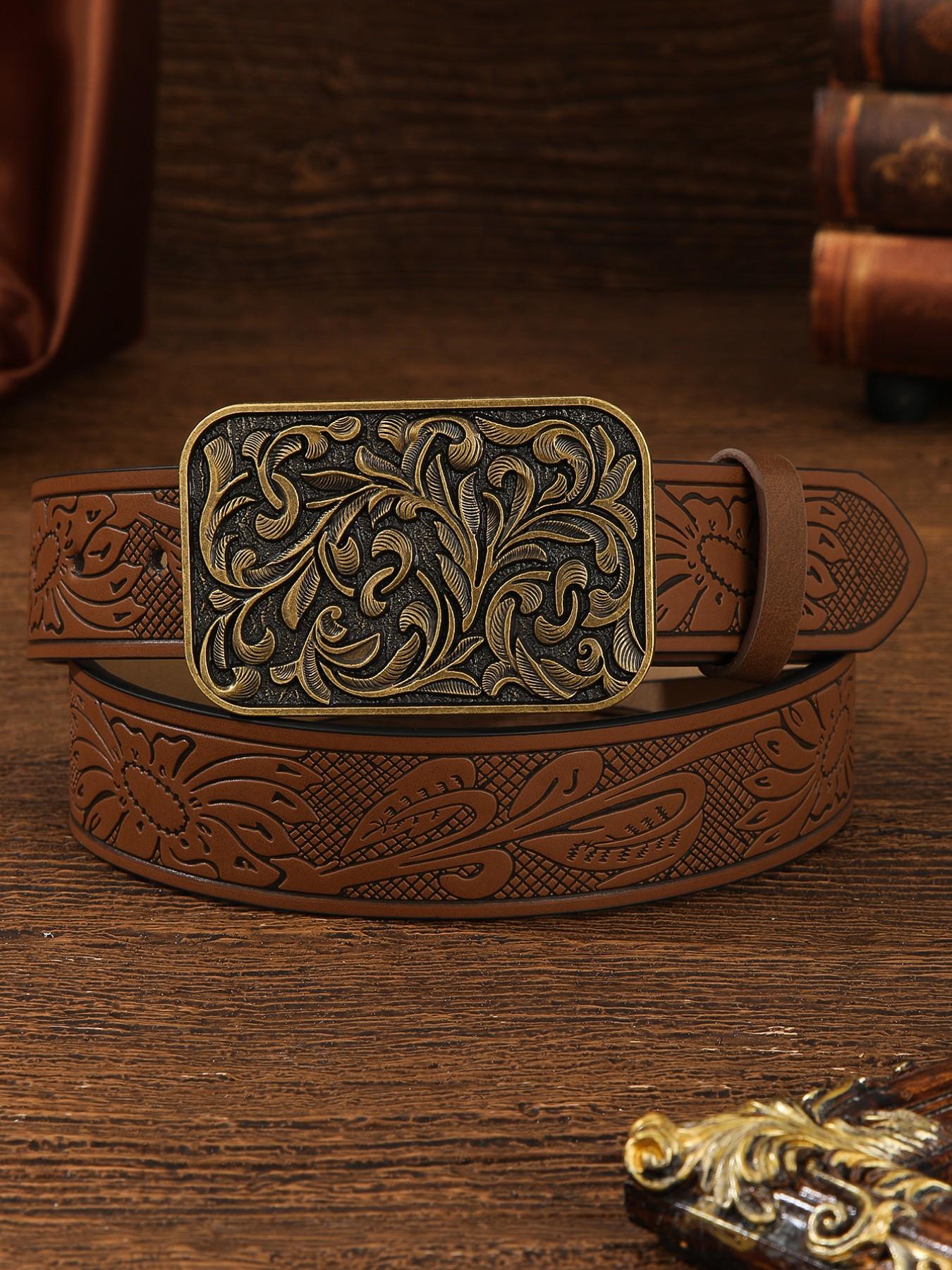 Boho Style Vintage Flower Embossed PU Buckle Belt, Fashionable Western Style Belt for Women & Men, Trendy All-match Belt for Birthday Gift for Outfit Matching, Elegant Belt Buckle, Western Concho Belts, Cowboy Cowgirl Belt