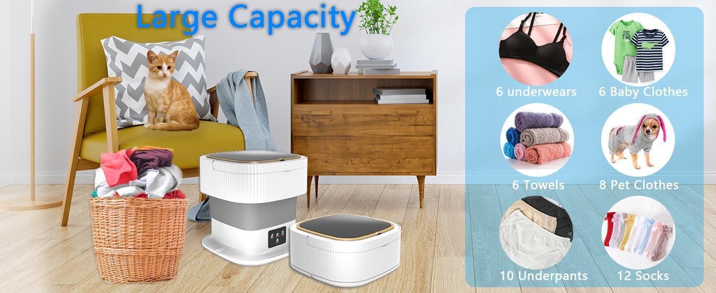 Portable mini washing machine, equipped with an intelligent pulse device and hand-washing simulation function, can be used for single-person washing. Suitable for business trips and travel.