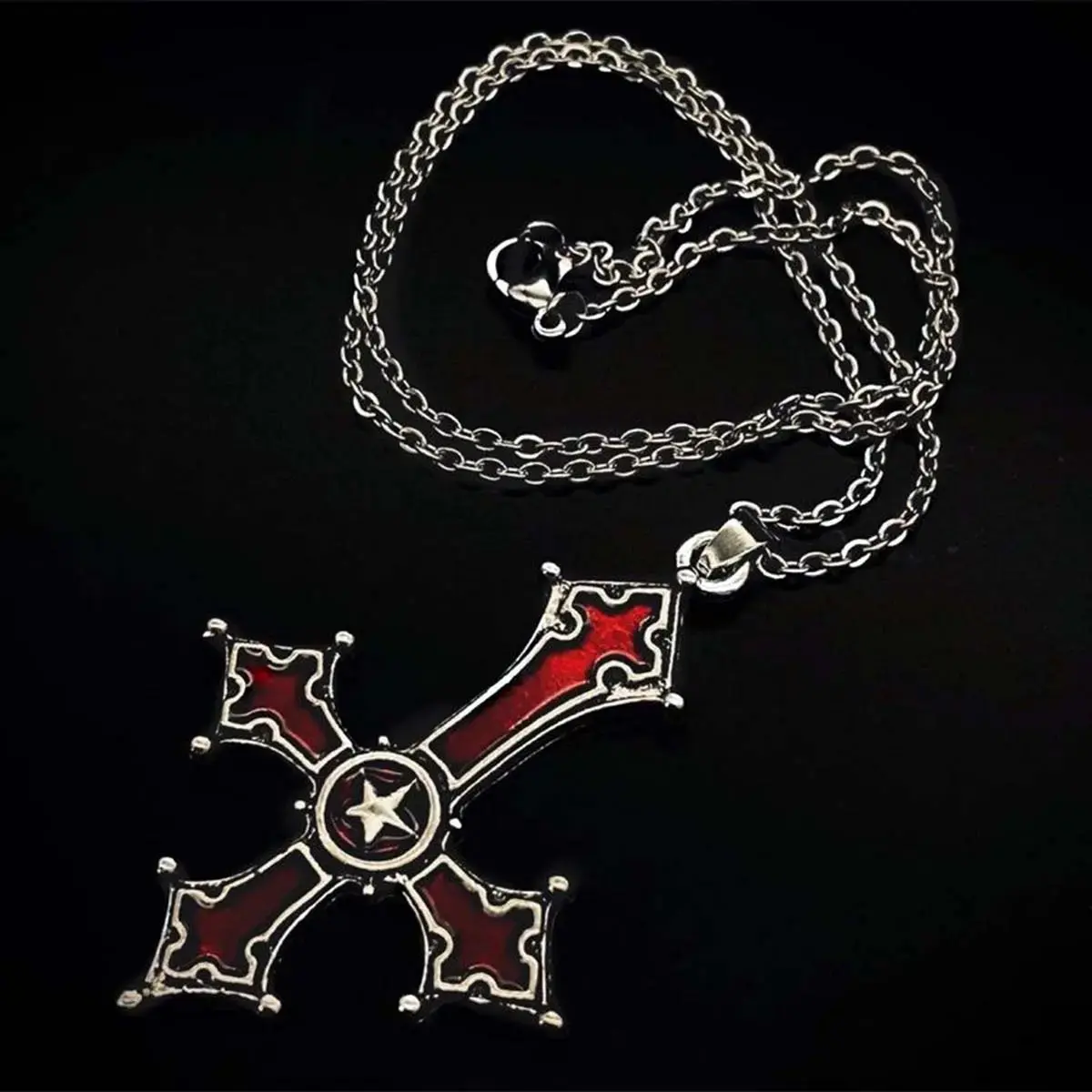 [New Product Offer] Red Cross Necklace Goth Blood Red Inverted Cross Pendant Necklace Punk Style Titanium Steel Necklace Couple Gift