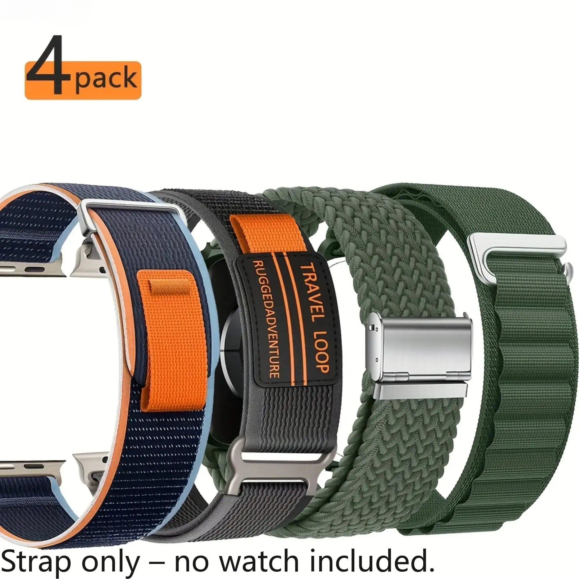 4 Pack Mixed Nylon Watch Bands, Braided & Travel Loop Adjustable Straps with Metal Clasp Compatible with Apple Watch Series 1-11, SE, Ultra 1/2, 38/40/41/42/44/45/46/49mm, Breathable Sports Smartwatch Accessories, Bands Only