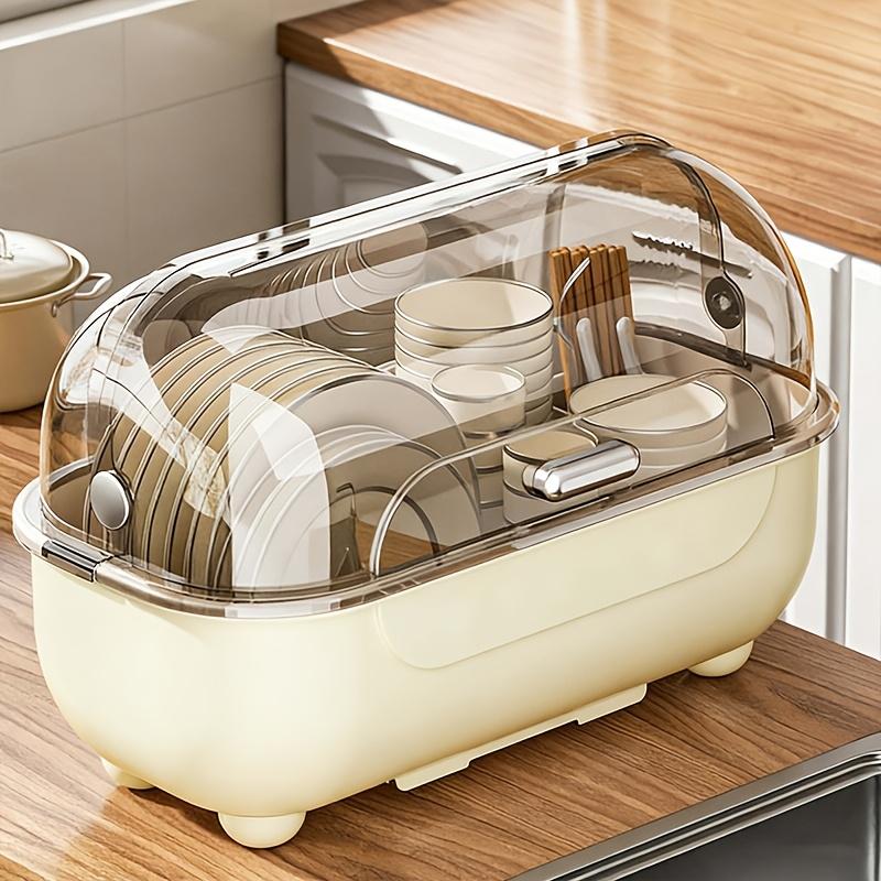 1 Piece Covered Drawer-Style Dish Rack with Water Draining Base. Multifunctional Dustproof Tableware Storage Cabinet, no standing water. Works on countertops and inside cabinets, perfect for kitchen bowl and plate storage.