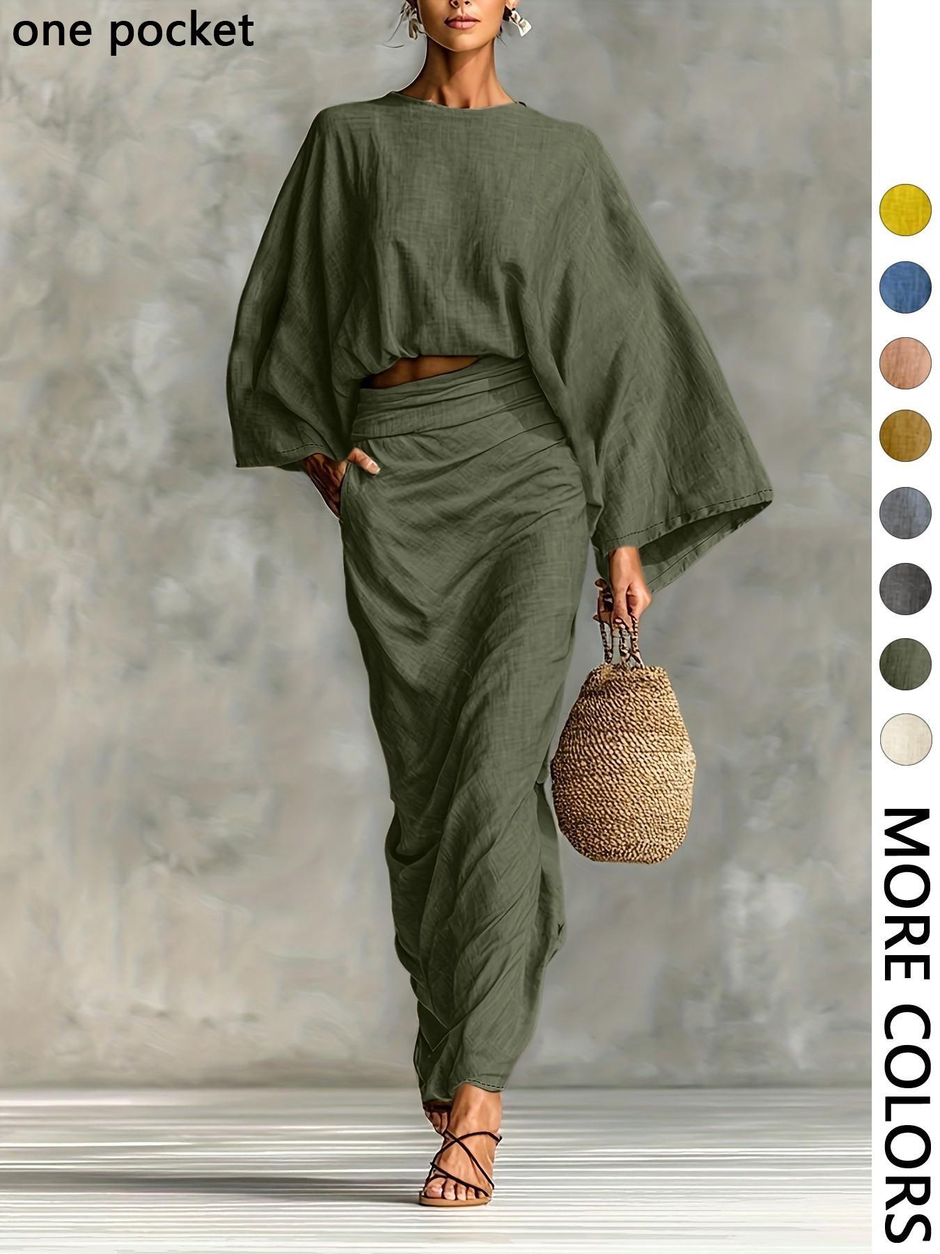 Women's Stylish Loose-Fitting Casual Two-Piece Set, Spring & Fall Comfortable Long Skirt with Waist Definition and Pocket one pocket..