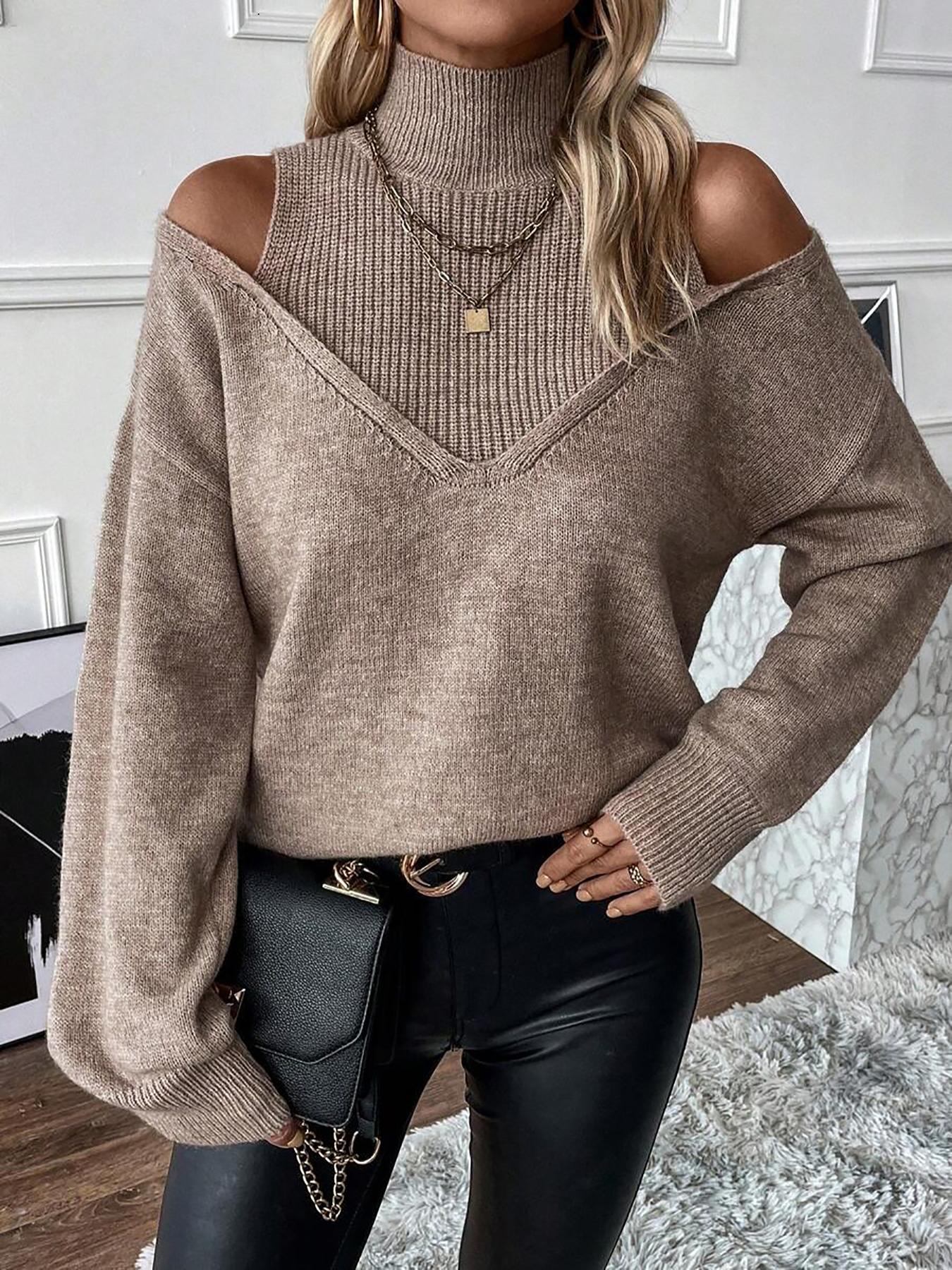 Autumn Winter New Pure Color Loose Simple Fashion Knit Off-Shoulder Long Sleeve High Neck Sweater, Soft Comfortable Elegant Casual Top Womenswear