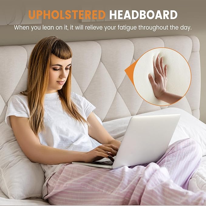 Bed Frame, Upholstered Platform Bed Frame with Storage Drawers, Mattress Foundation with Solid Wooden Slats Support, No Box Spring Needed