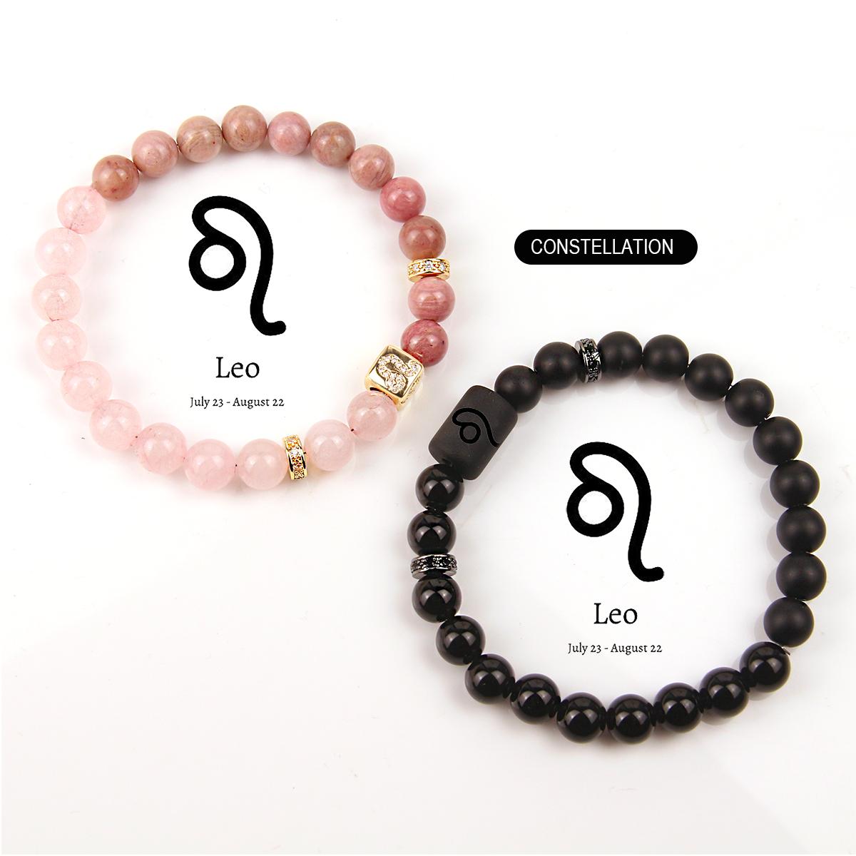 Constellation Design Couple Bracelets Crystal Bead Rose Quartz Rhodonite Black Obsidian Black Onyx Handmade Beaded Zodiac Bracelet Jewelry Gifts for Women Men