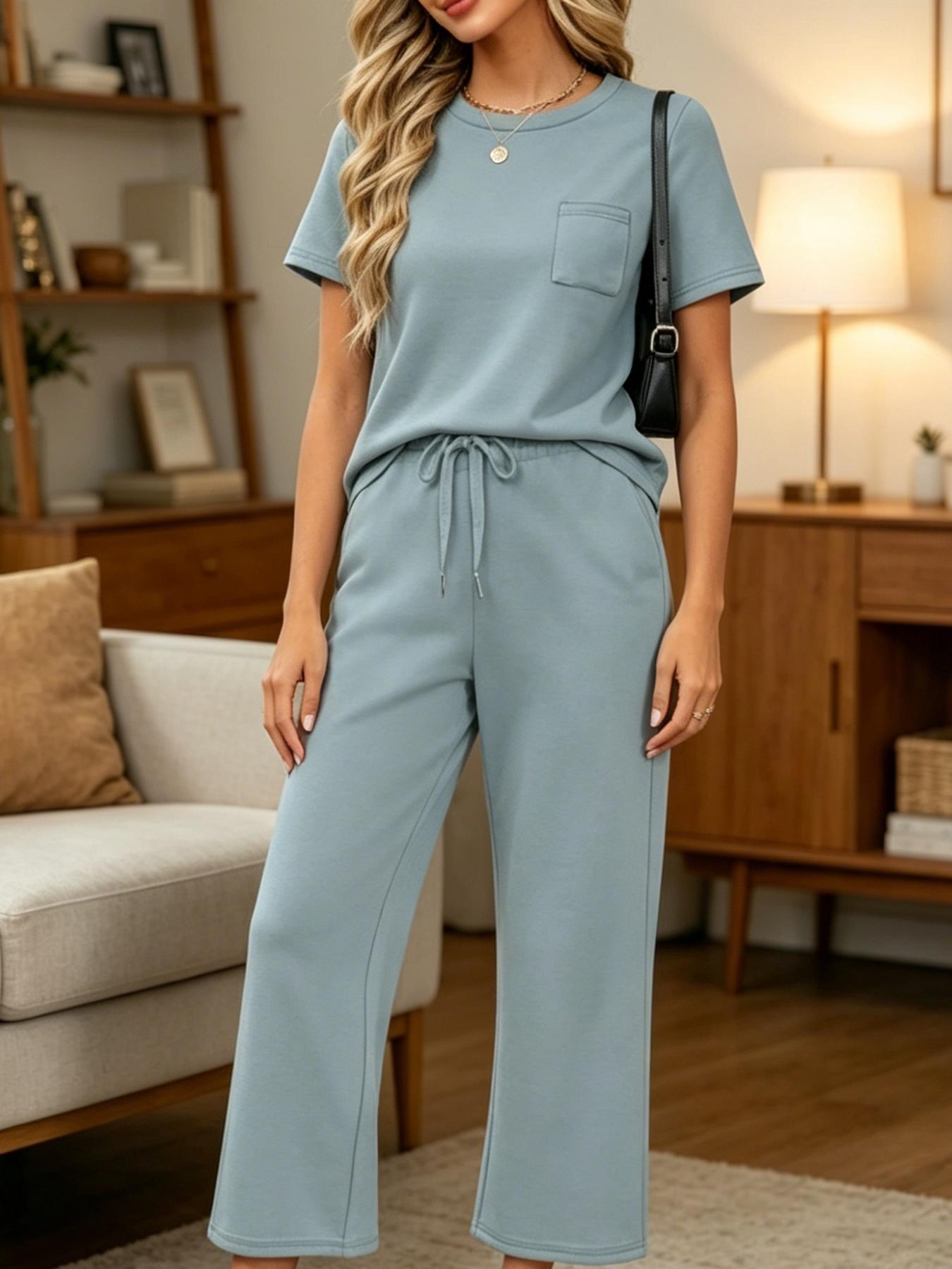 Women's Fashion Solid Color Casual Round Neck Pocket T-Shirt + Drawstring Wide Leg Pants Set Loose Fit Slimming Wide Leg Pants Two-Piece Set Suitable for Summer Commuting to Work Shopping Outings Indoor and Outdoor Wear