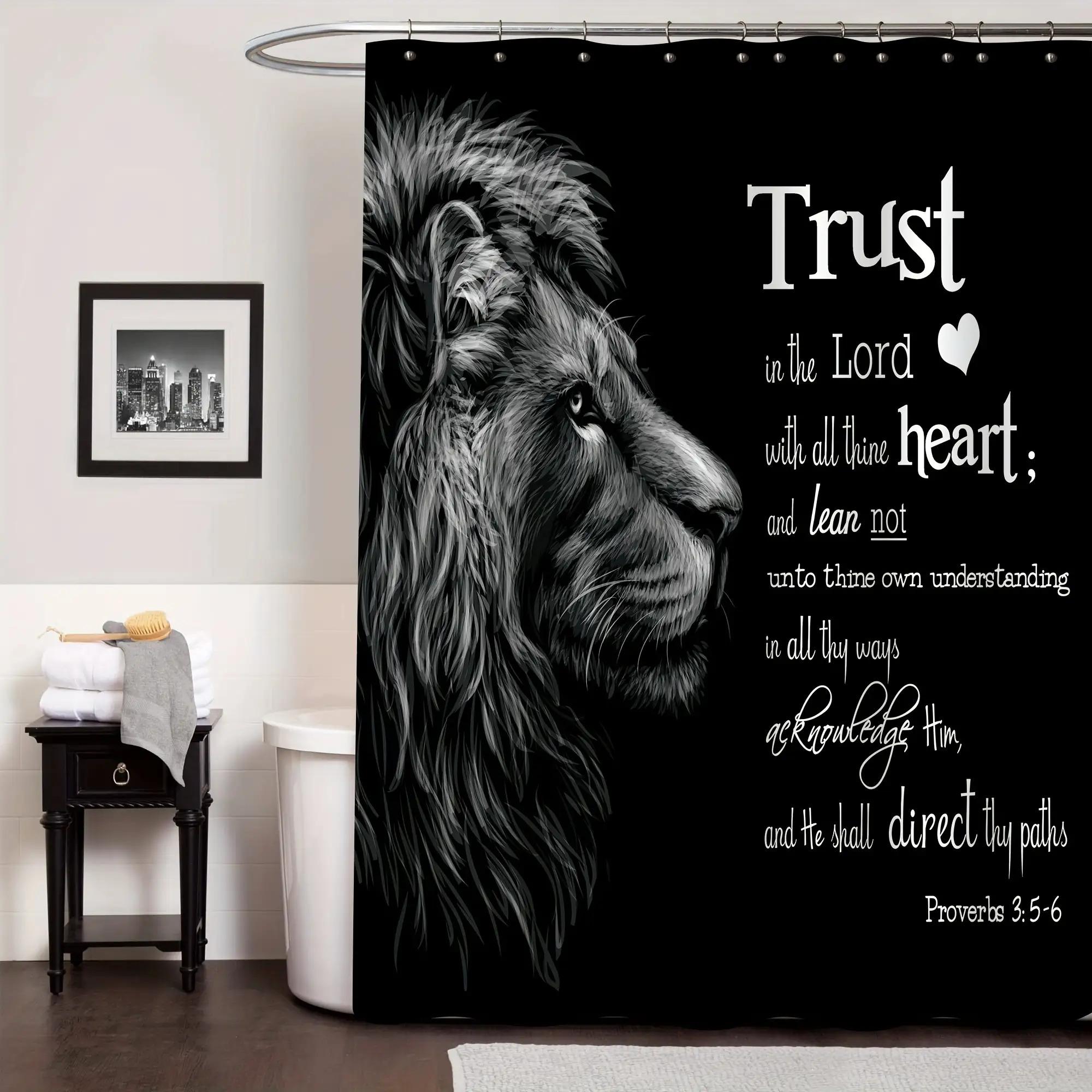 4pcs Lion of Judah Bible Verse Shower Curtain Set with Non-Slip Bath Rug, U-Shaped Toilet Mat & Lid Cover - High Quality Christian Faith Bathroom Decor, Hebrews 13:5 Psalm 23:1 Inspired Lion Print Accessories Kit, Shower Curtain For Bathroo