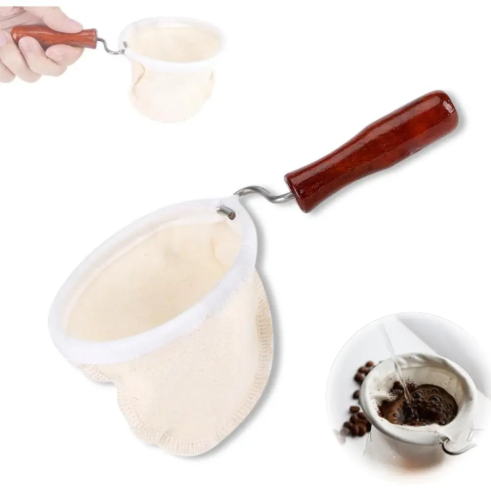 Cloth Coffee Sock Filter,7.3 x 3.9 inches Handmade Coffee Filter Washable Reusable Flannel Coffee Strainer Colador de Cafe de Tela with Wooden Handle for Home Office Use